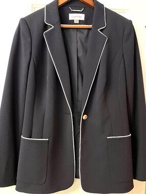 Calvin Klein navy women's blazer with white trimming, size 12